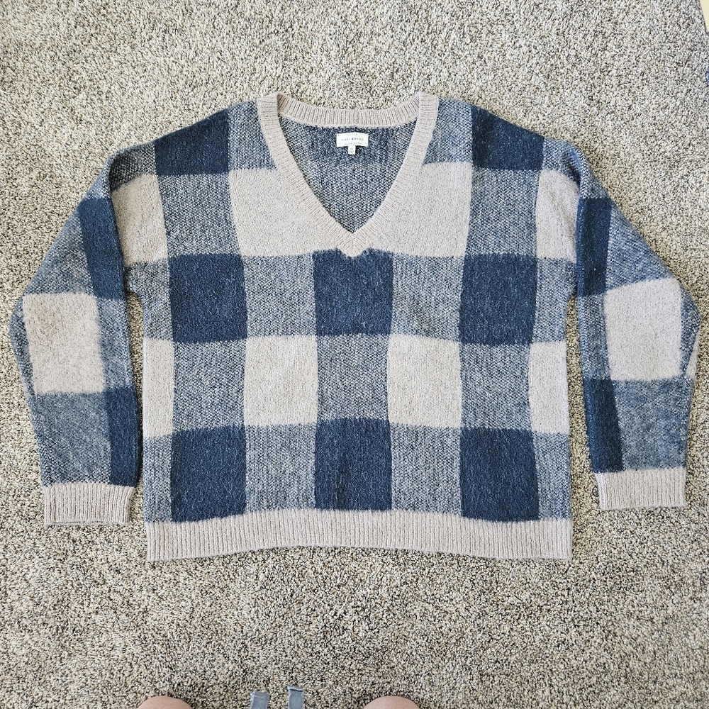Lucky V-neck Sweater Women's SZ XL Check Tan Green Preppy Plaid Cabincore Comfy